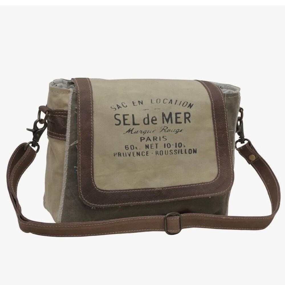 Myra Bag NWT combination of Western Leather upcycled Canvas Shoulder/ Crossbody.